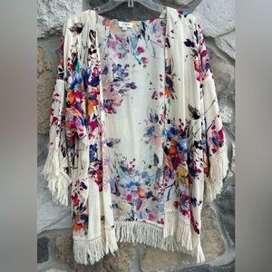Umgee Kimono Sz L Boho Colorful Floral Fringe Festival Hippie Gypsy Lightweight